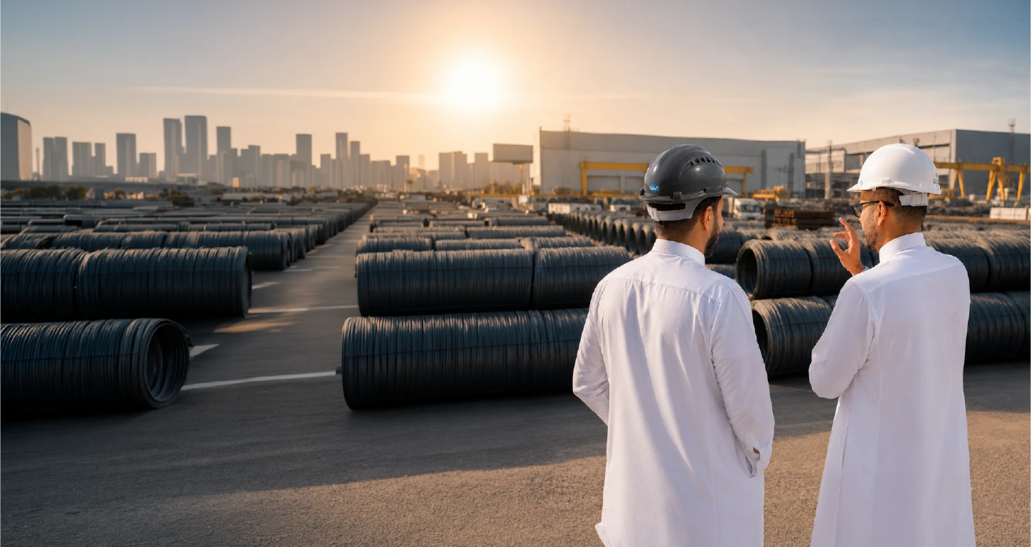 مهندسان يتفقدان مخزون حديد التسليح عند الغروب - Engineers inspecting rebar stock at sunset