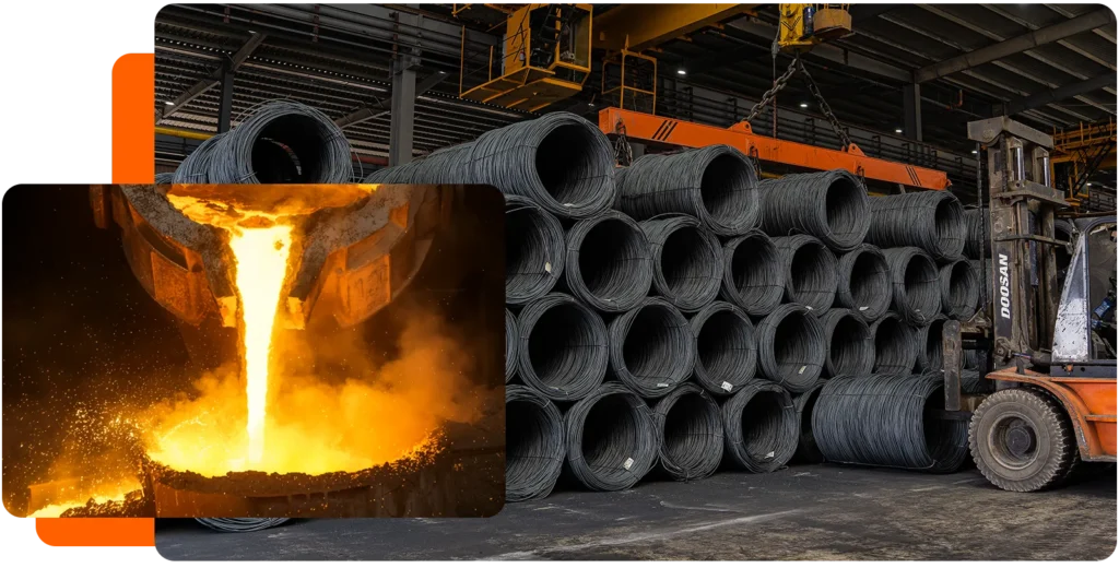 صب الفولاذ المنصهر ولفائف السلك الأملس - Molten steel pouring and plain wire rod coils