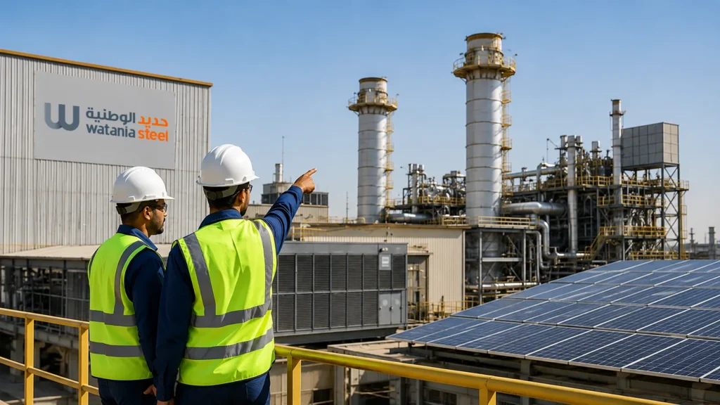 مهندسان من حديد الوطنية أمام منشأة صناعية وألواح طاقة شمسية - Watania Steel engineers at an industrial facility with solar panels