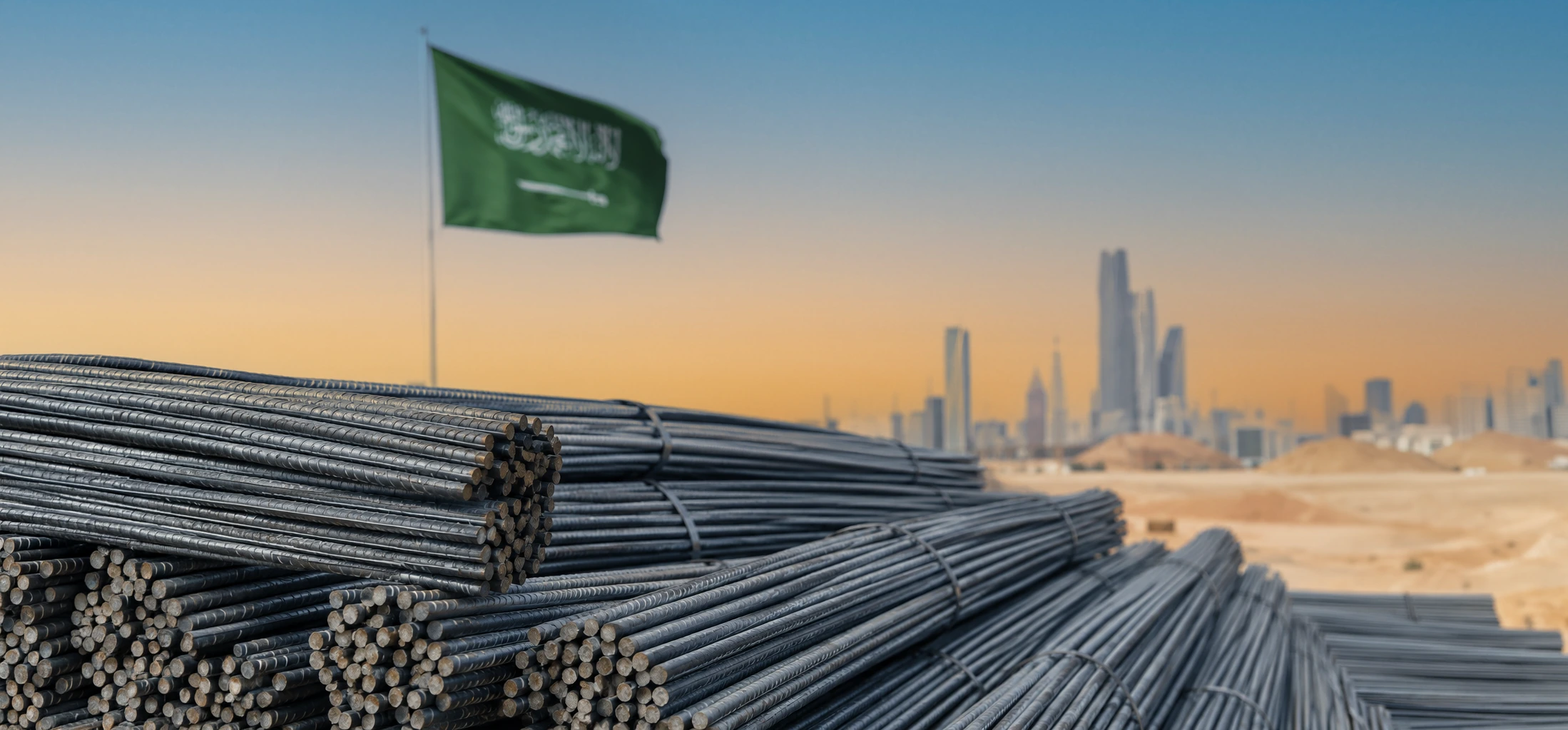 حديد تسليح من حديد الوطنية مع علم السعودية وأفق مدينة الرياض - Watania Steel rebar with the Saudi flag and Riyadh skyline