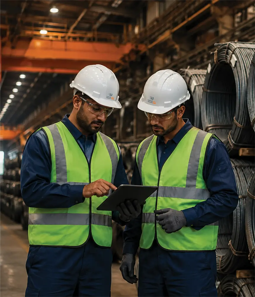 مهندسان من حديد الوطنية يراجعان بيانات الإنتاج في المصنع - Watania Steel engineers reviewing production data at the factory