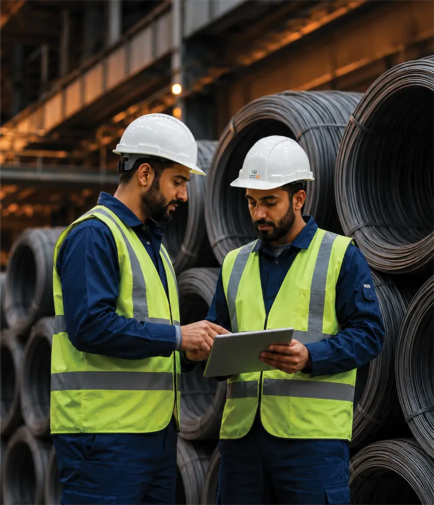 مهندسان من حديد الوطنية يراجعان بيانات الإنتاج في المصنع - Watania Steel engineers reviewing production data at the factory